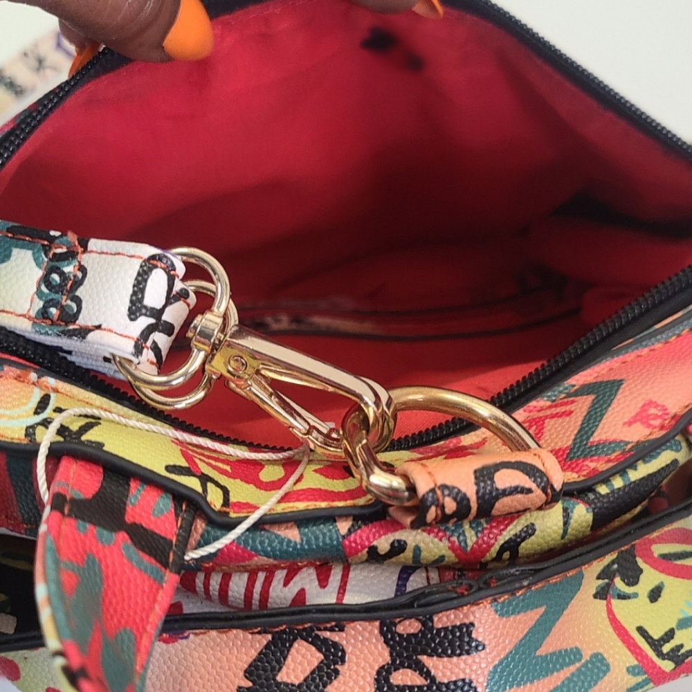 Orange and white multicolored biker graffiti fringe top handle backpack size M/L - Picture 6 of 7